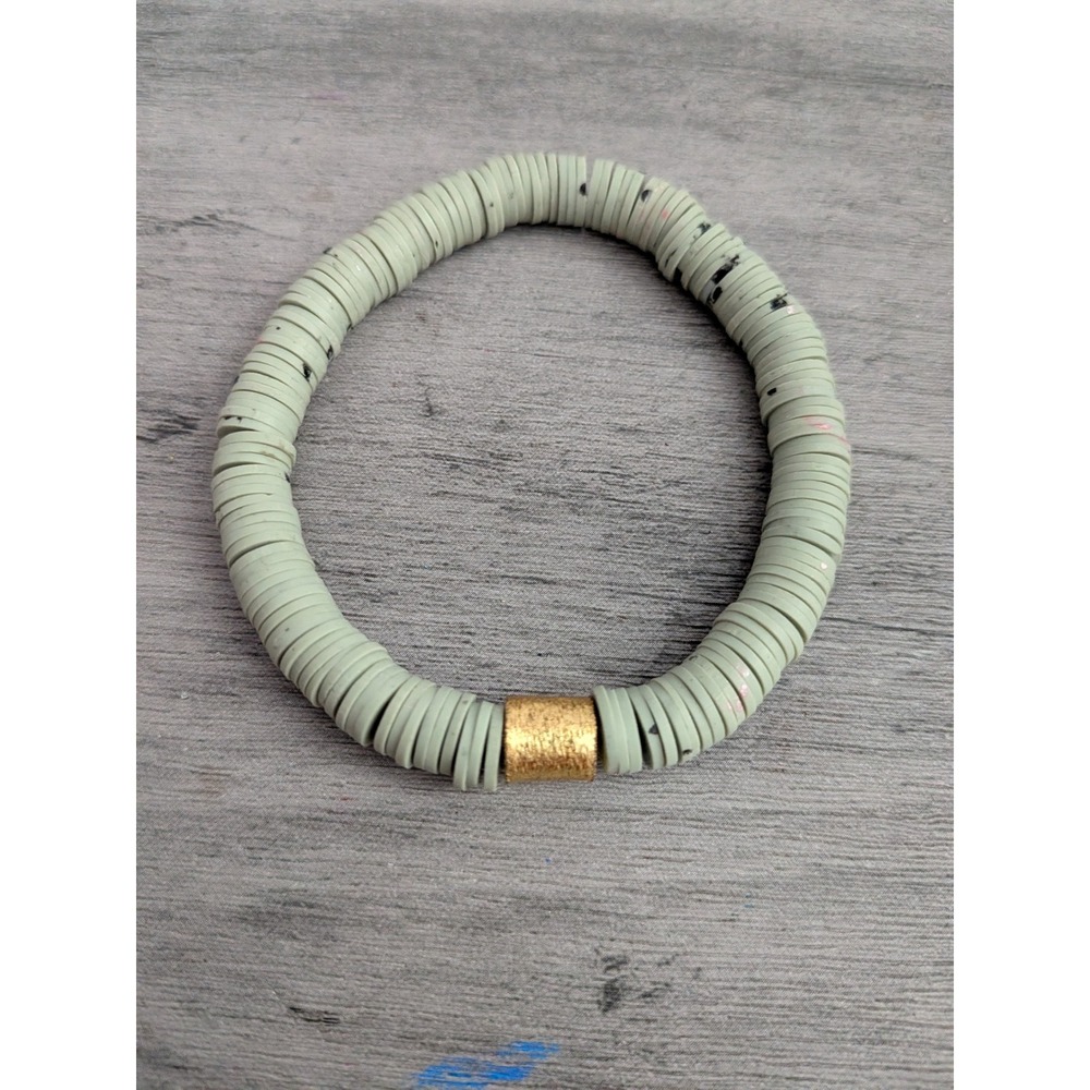 Handmade Sage Green Heishi Bead Stretch Bracelet Gold Accent Boho Minimalist